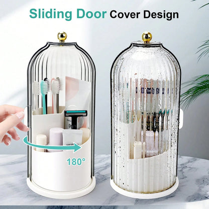 Toothbrush Holders With Sliding Lid, Rotating 3 Slots Bathroom Organizer Countertop, Tooth Brush Toothpaste Holder Bathroom Counter Stand Sink Organizer Caddy For Vanity Makeup Brushes Holder