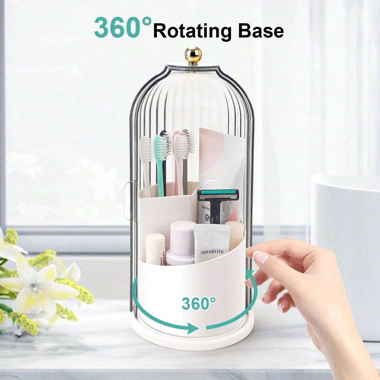 Toothbrush Holders With Sliding Lid, Rotating 3 Slots Bathroom Organizer Countertop, Tooth Brush Toothpaste Holder Bathroom Counter Stand Sink Organizer Caddy For Vanity Makeup Brushes Holder