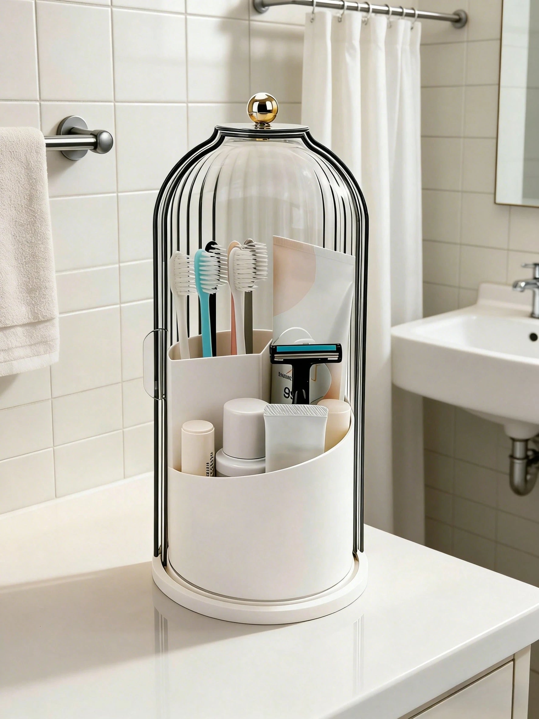 Toothbrush Holders With Sliding Lid, Rotating 3 Slots Bathroom Organizer Countertop, Tooth Brush Toothpaste Holder Bathroom Counter Stand Sink Organizer Caddy For Vanity Makeup Brushes Holder