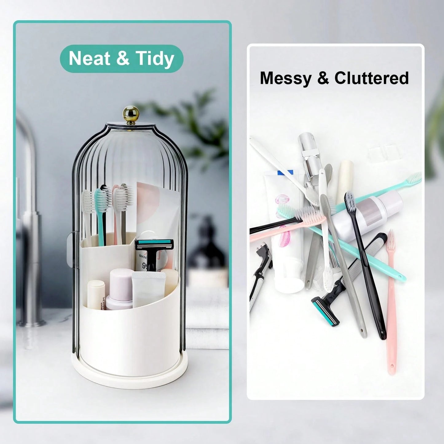 Toothbrush Holders With Sliding Lid, Rotating 3 Slots Bathroom Organizer Countertop, Tooth Brush Toothpaste Holder Bathroom Counter Stand Sink Organizer Caddy For Vanity Makeup Brushes Holder