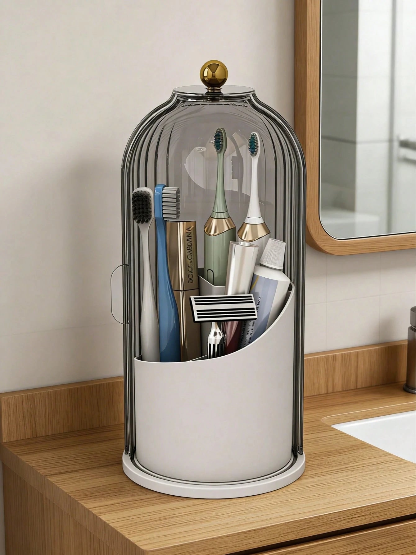 Toothbrush Holders With Sliding Lid, Rotating 3 Slots Bathroom Organizer Countertop, Tooth Brush Toothpaste Holder Bathroom Counter Stand Sink Organizer Caddy For Vanity Makeup Brushes Holder