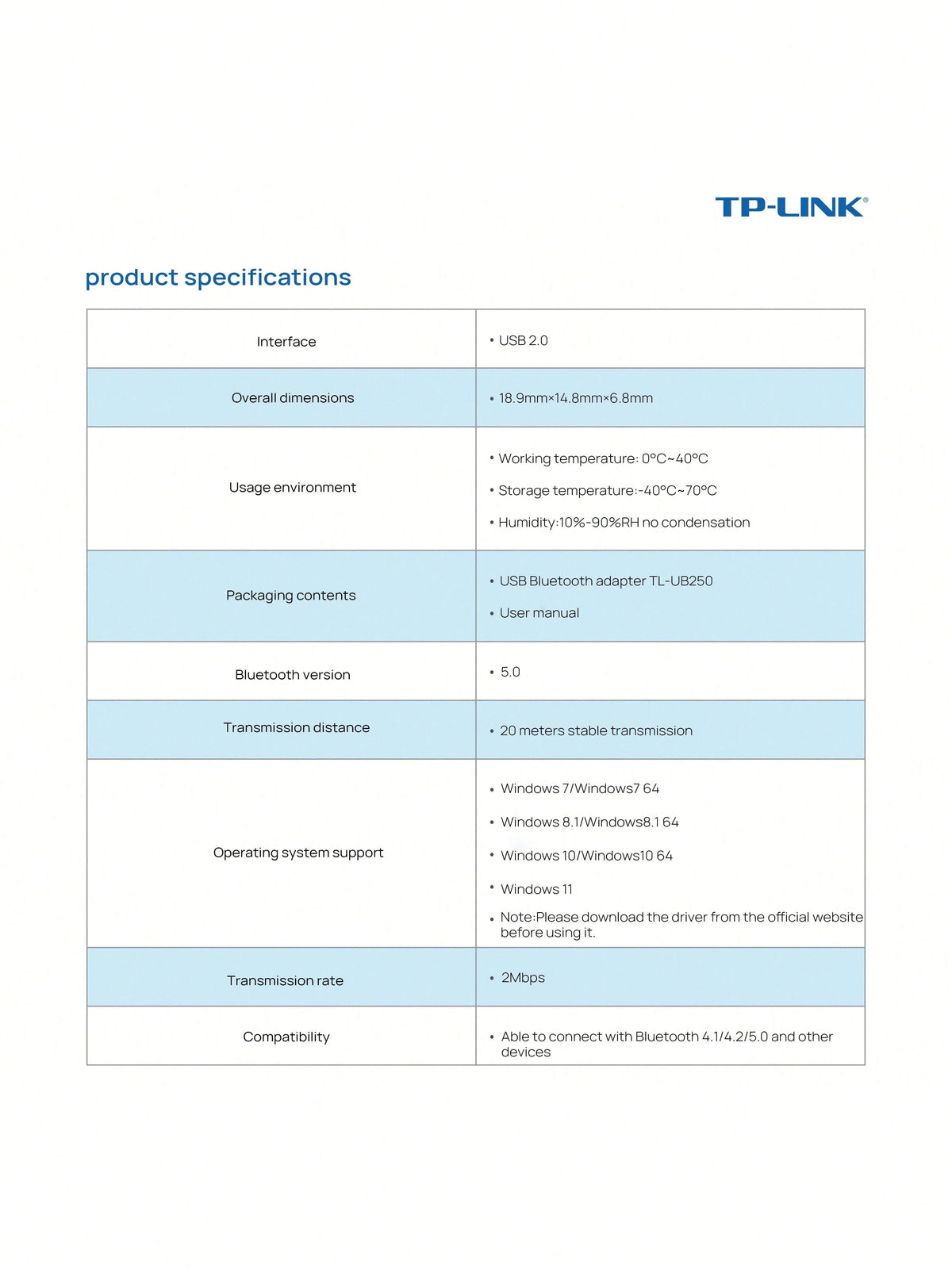 tp-link TL-UB250 USB Bluetooth Adapter: Bluetooth 5.0 High-Speed Transmission, Stable Connection Up To 20 Meters, Low Latency And No Dropped Connections, Compatible With Multiple Bluetooth Versions, S