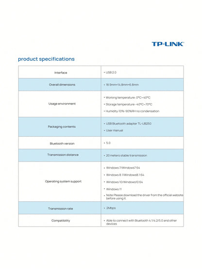 tp-link TL-UB250 USB Bluetooth Adapter: Bluetooth 5.0 High-Speed Transmission, Stable Connection Up To 20 Meters, Low Latency And No Dropped Connections, Compatible With Multiple Bluetooth Versions, S