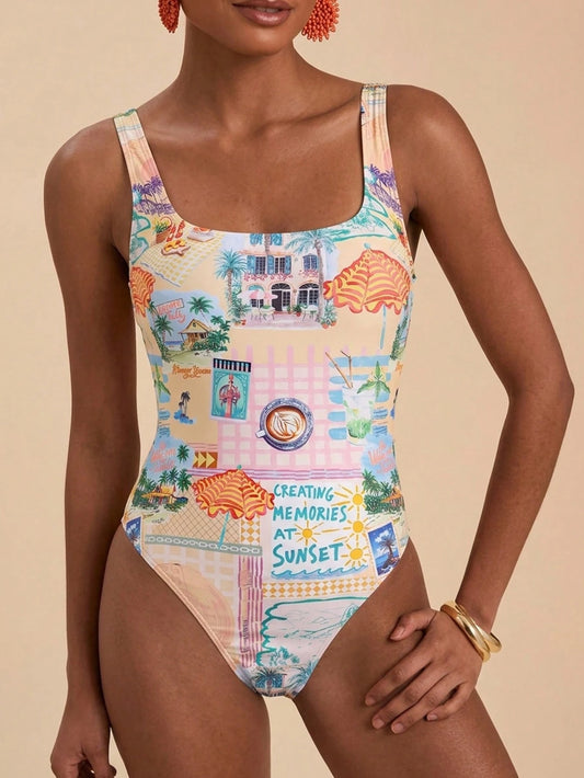 Travachic 1pc Women Abstract Line Star Print Allover Print Square Neck One-Piece Swimsuit, Suitable For Beach In Summer,Summer Outfits For Women,Swimsuits For Woman,Bathing Suits For Women