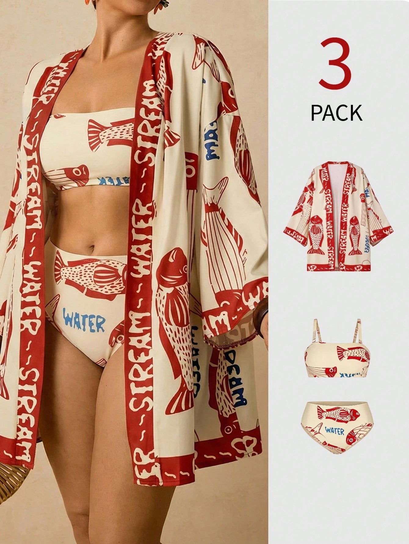 Travachic 3pcs Plus Size Women Beach Vacation Vacation Vacation Sardine Print Jacket, Cover-Up Bikini Set Beige Summer Bathing Suit For Women