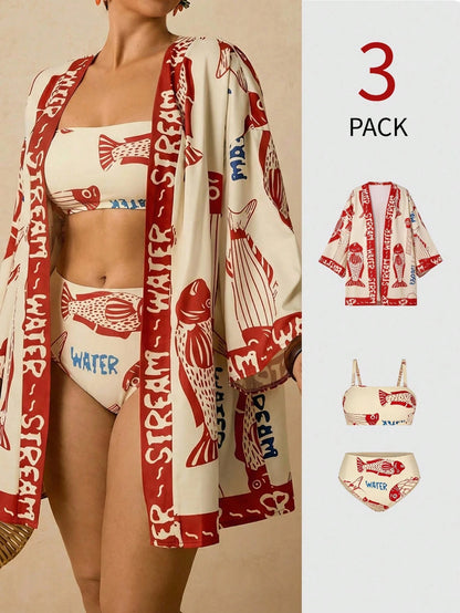 Travachic 3pcs Plus Size Women Beach Vacation Vacation Vacation Sardine Print Jacket, Cover-Up Bikini Set Beige Summer Bathing Suit For Women