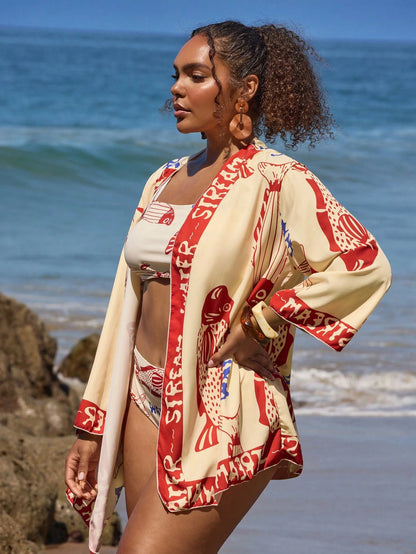 Travachic 3pcs Plus Size Women Beach Vacation Vacation Vacation Sardine Print Jacket, Cover-Up Bikini Set Beige Summer Bathing Suit For Women
