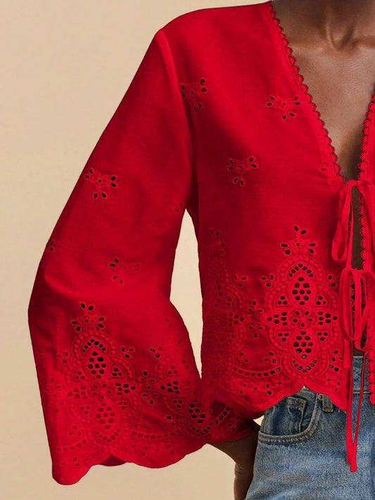 Travachic Deep V Neck Black Woven Blouse With Flare Sleeves And All Over Print For Women Boho Top Tie Front Top Boho Blouse Tie Front Blouse, Suitable For Holiday, Afternoon Tea, Wedding Season, Beach
