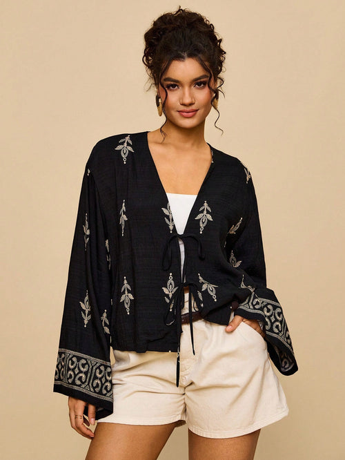 Travachic Plus Size Vacation Chiffon Printed 3/4 Sleeve Front Tie Loose Cropped Black Geometric Bohemian Pattern Holiday Casual Blouse For Women,Fall Clothes