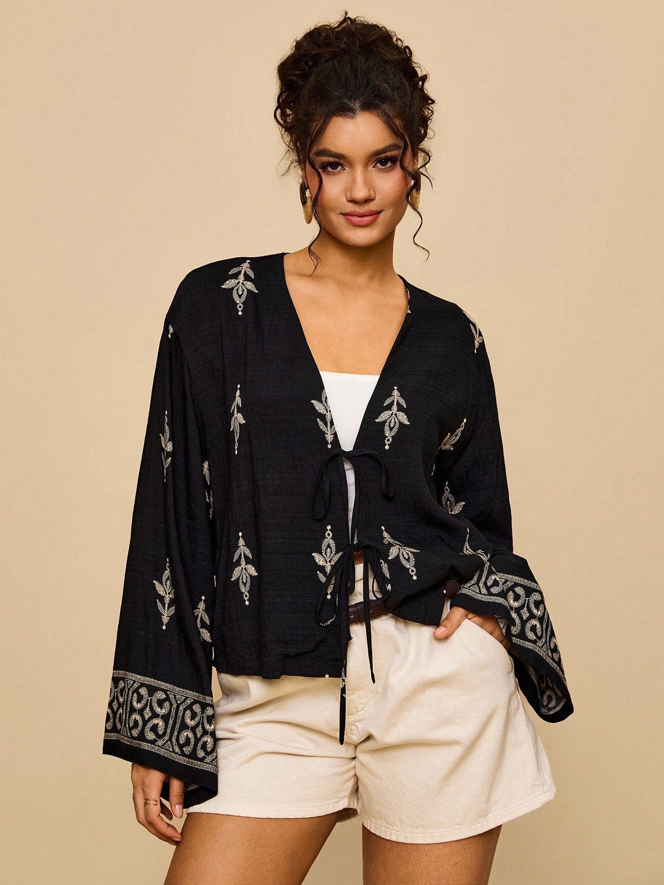 Travachic Plus Size Vacation Chiffon Printed 3/4 Sleeve Front Tie Loose Cropped Black Geometric Bohemian Pattern Holiday Casual Blouse For Women,Fall Clothes