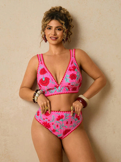 Travachic Plus Size Women Fuchsia Floral Print Swimwear Set