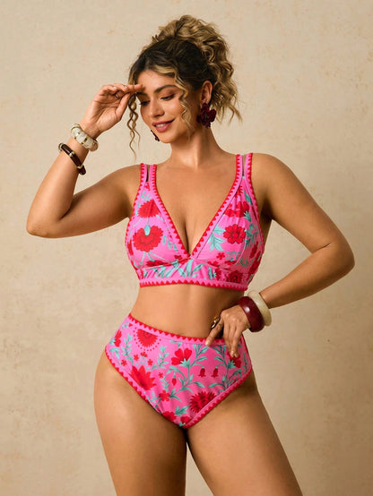 Travachic Plus Size Women Fuchsia Floral Print Swimwear Set