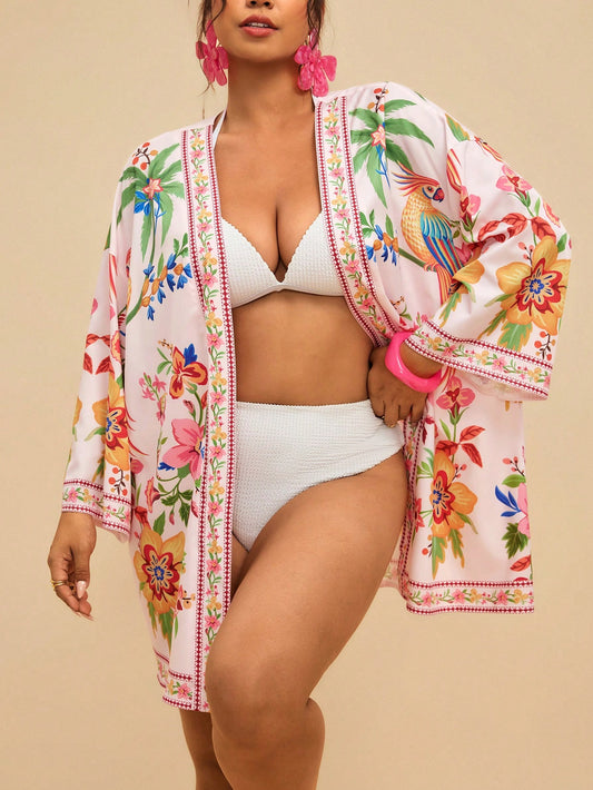 Travachic Plus Size Women's Apricot Ocean Fish Print Chiffon Kimono Cover Up,Loose Mid-Length Sleeve Boho Holiday Cerise Pink Summer Beach Pattern Shirt