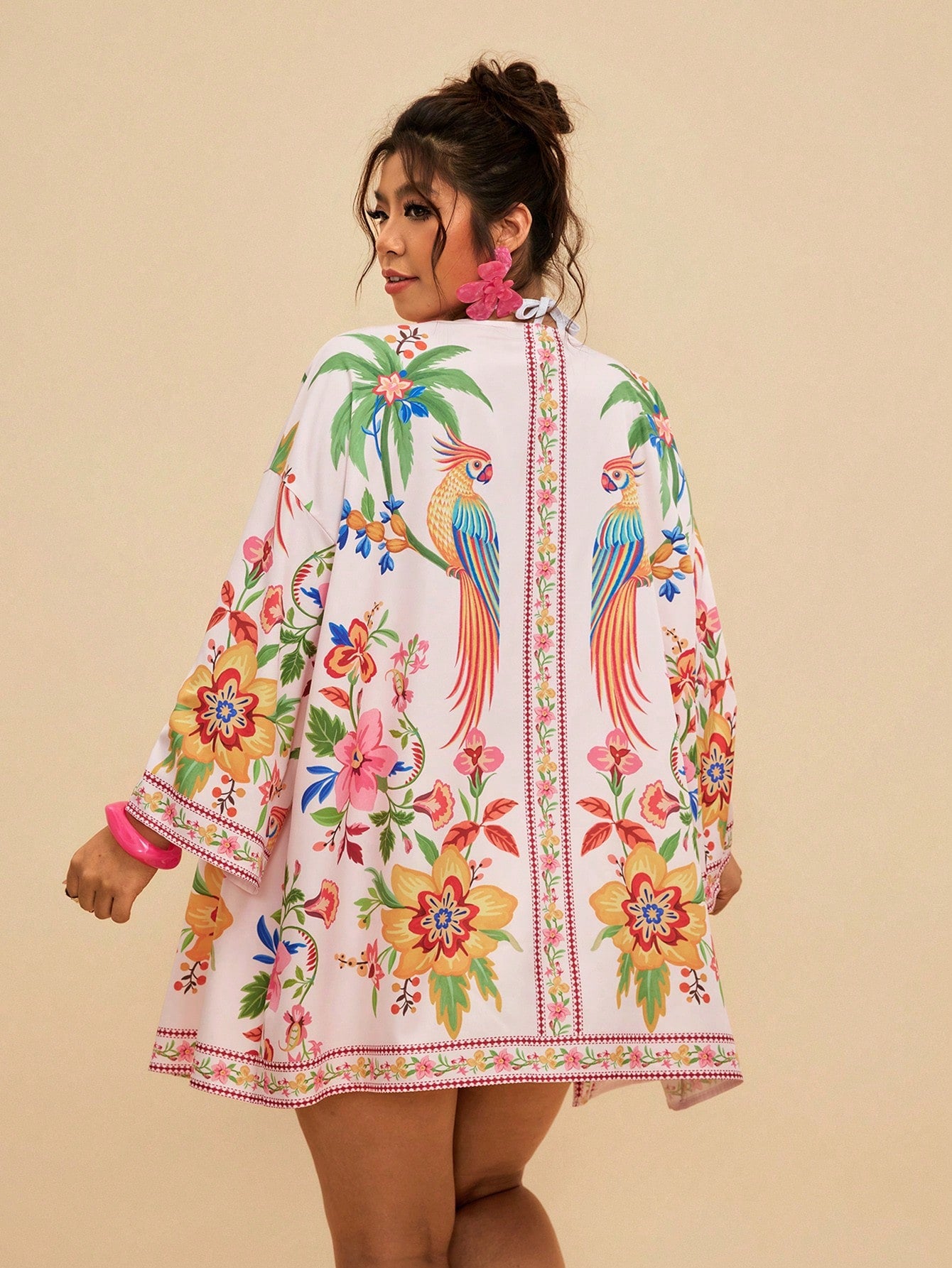 Travachic Plus Size Women's Apricot Ocean Fish Print Chiffon Kimono Cover Up,Loose Mid-Length Sleeve Boho Holiday Cerise Pink Summer Beach Pattern Shirt