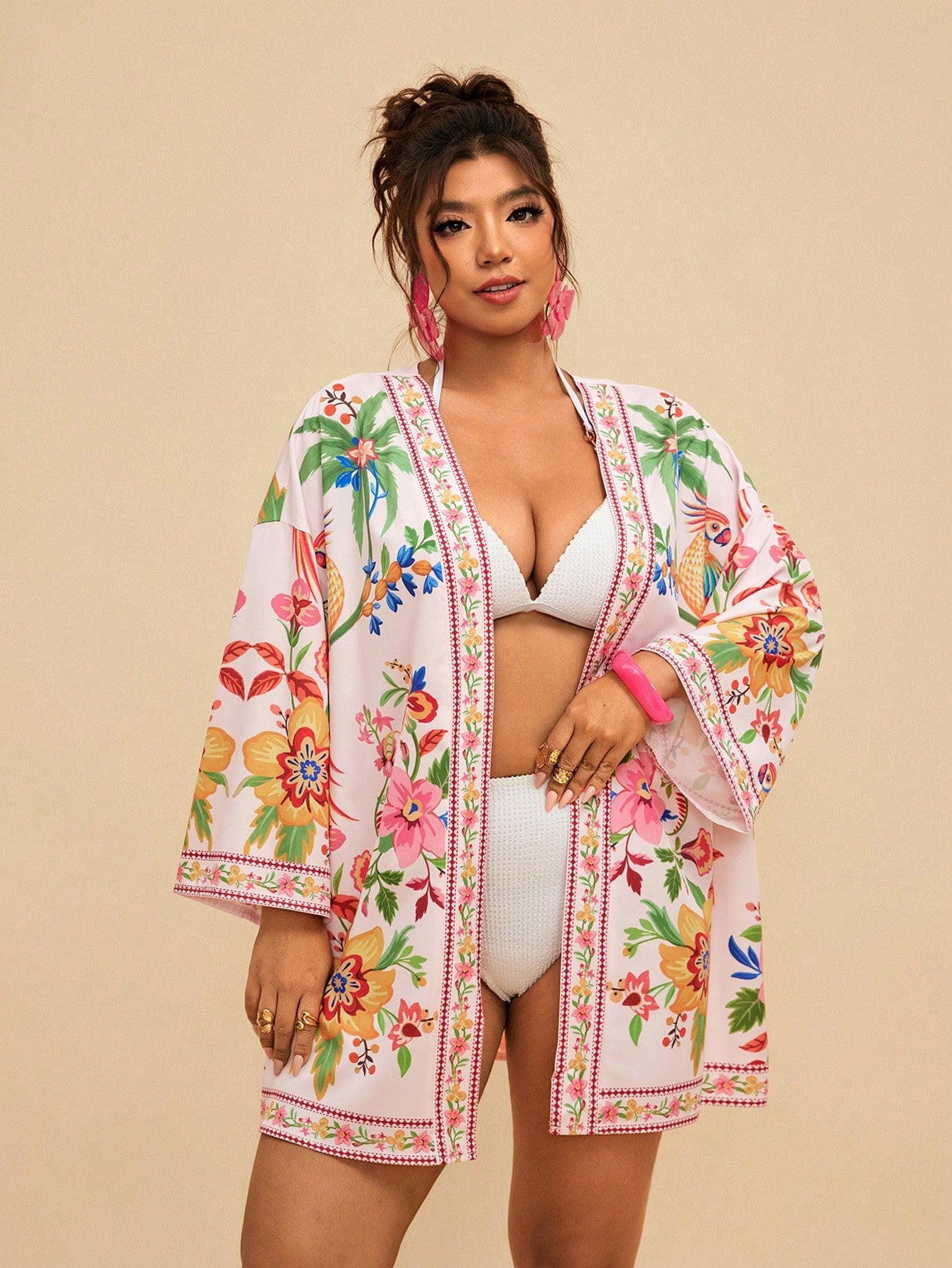 Travachic Plus Size Women's Apricot Ocean Fish Print Chiffon Kimono Cover Up,Loose Mid-Length Sleeve Boho Holiday Cerise Pink Summer Beach Pattern Shirt