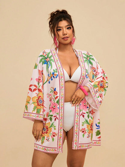 Travachic Plus Size Women's Apricot Ocean Fish Print Chiffon Kimono Cover Up,Loose Mid-Length Sleeve Boho Holiday Cerise Pink Summer Beach Pattern Shirt