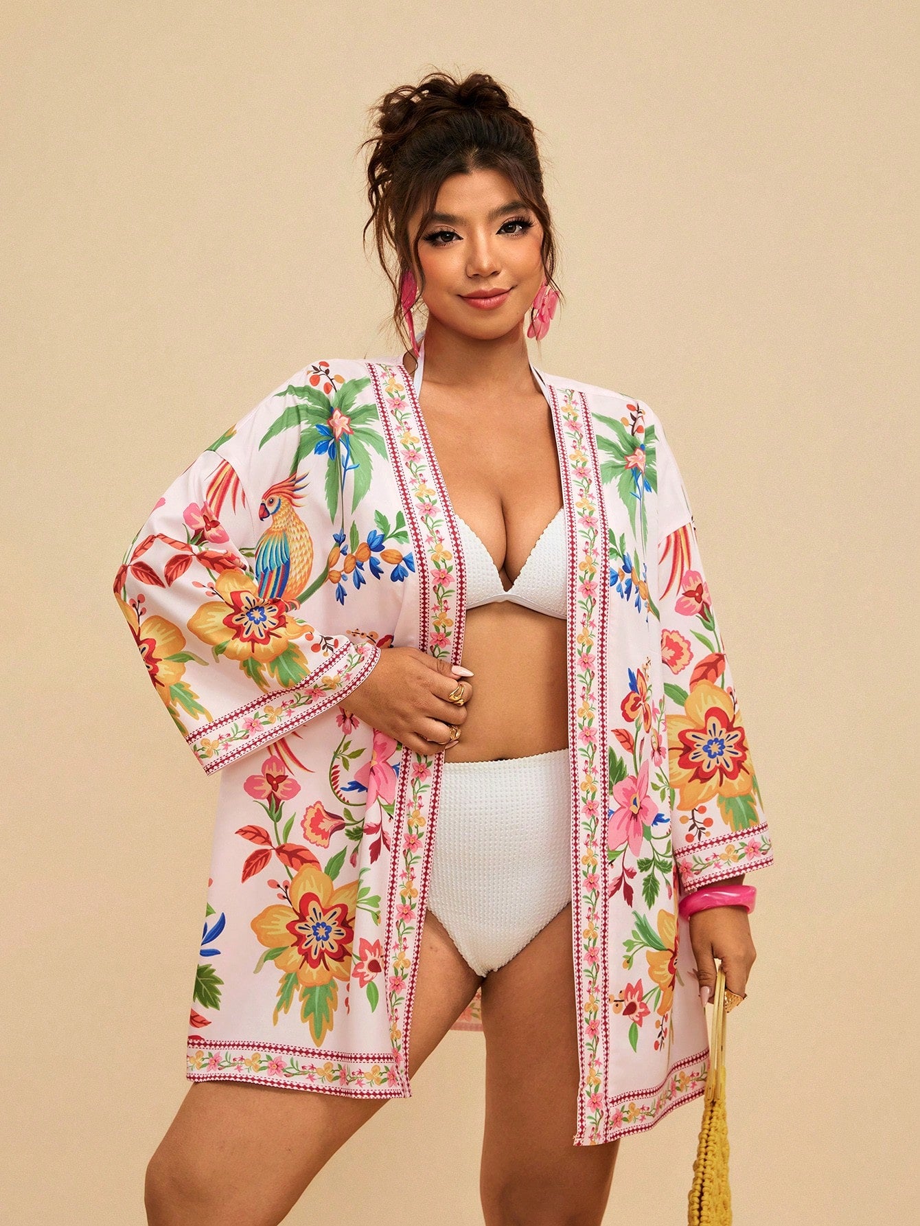 Travachic Plus Size Women's Apricot Ocean Fish Print Chiffon Kimono Cover Up,Loose Mid-Length Sleeve Boho Holiday Cerise Pink Summer Beach Pattern Shirt
