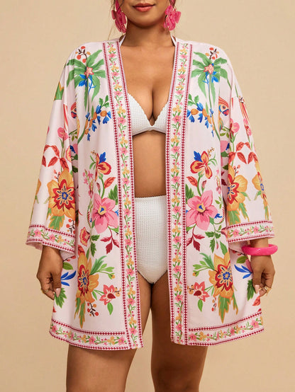 Travachic Plus Size Women's Apricot Ocean Fish Print Chiffon Kimono Cover Up,Loose Mid-Length Sleeve Boho Holiday Cerise Pink Summer Beach Pattern Shirt