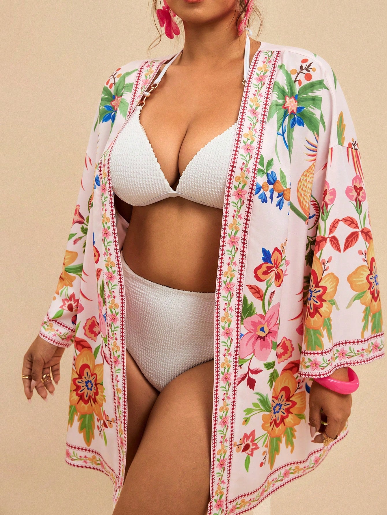 Travachic Plus Size Women's Apricot Ocean Fish Print Chiffon Kimono Cover Up,Loose Mid-Length Sleeve Boho Holiday Cerise Pink Summer Beach Pattern Shirt