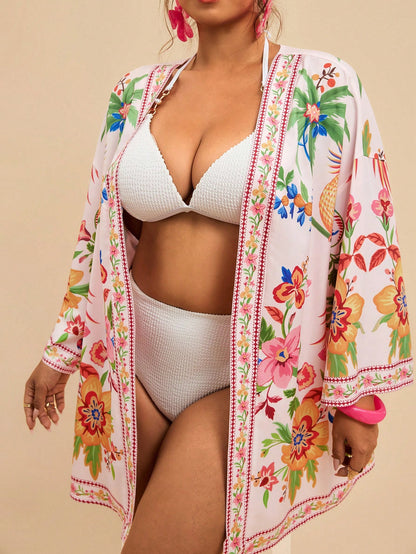 Travachic Plus Size Women's Apricot Ocean Fish Print Chiffon Kimono Cover Up,Loose Mid-Length Sleeve Boho Holiday Cerise Pink Summer Beach Pattern Shirt