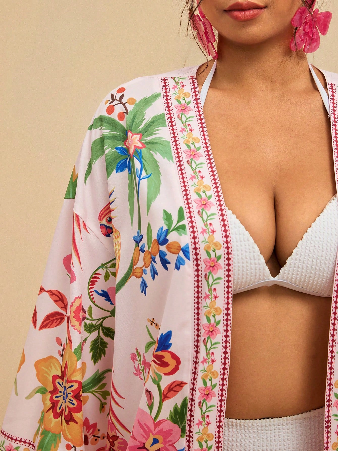 Travachic Plus Size Women's Apricot Ocean Fish Print Chiffon Kimono Cover Up,Loose Mid-Length Sleeve Boho Holiday Cerise Pink Summer Beach Pattern Shirt