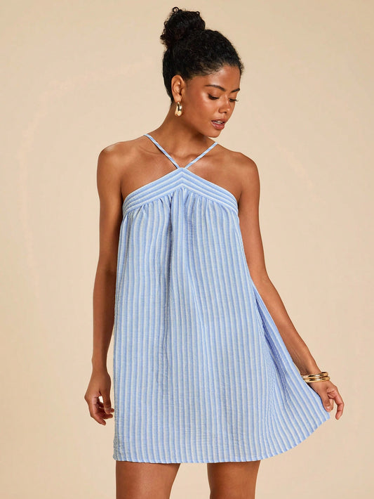 Travachic Women's Blue And White Stripe Halter Dress, Summer Casual Tropical Vacation Holiday Outfits, Boho Beachwear, Western Wear Daily, Simple Beach, Playa