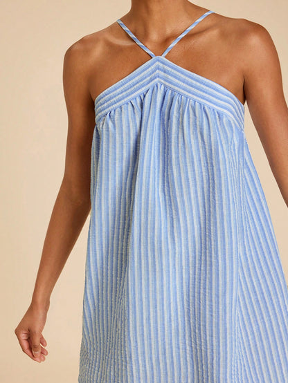 Travachic Women's Blue And White Stripe Halter Dress, Summer Casual Tropical Vacation Holiday Outfits, Boho Beachwear, Western Wear Daily, Simple Beach, Playa