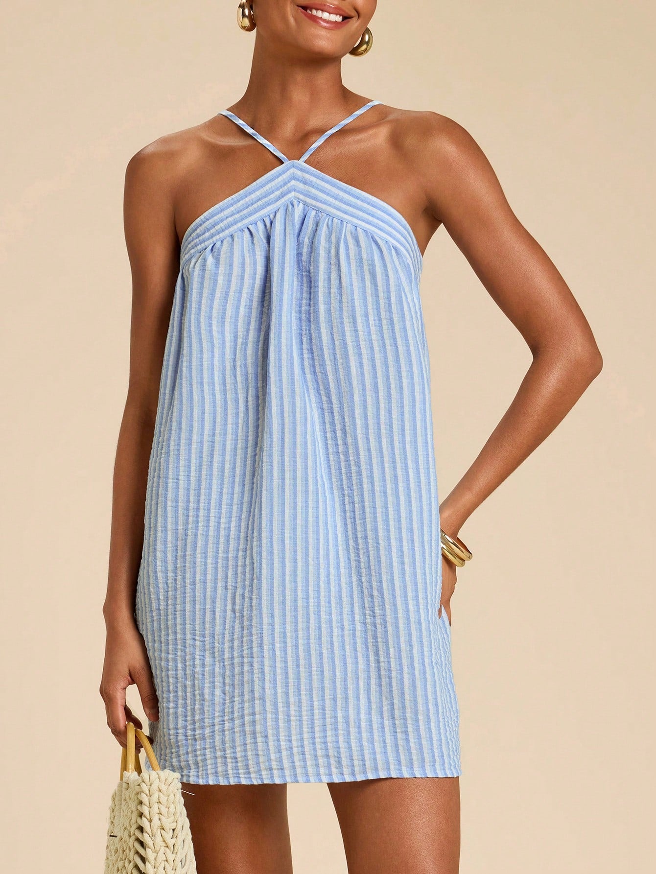 Travachic Women's Blue And White Stripe Halter Dress, Summer Casual Tropical Vacation Holiday Outfits, Boho Beachwear, Western Wear Daily, Simple Beach, Playa