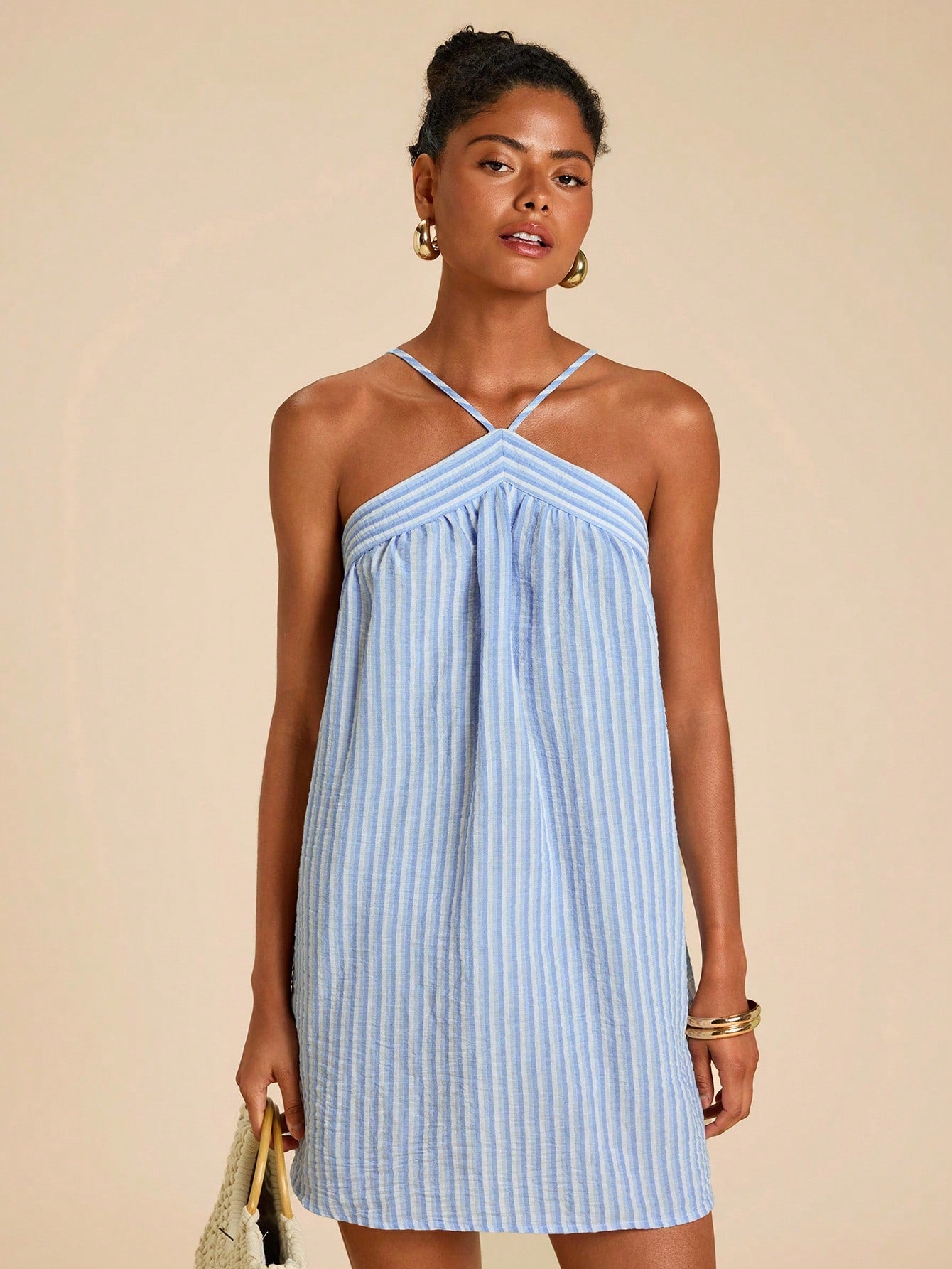 Travachic Women's Blue And White Stripe Halter Dress, Summer Casual Tropical Vacation Holiday Outfits, Boho Beachwear, Western Wear Daily, Simple Beach, Playa