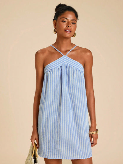 Travachic Women's Blue And White Stripe Halter Dress, Summer Casual Tropical Vacation Holiday Outfits, Boho Beachwear, Western Wear Daily, Simple Beach, Playa