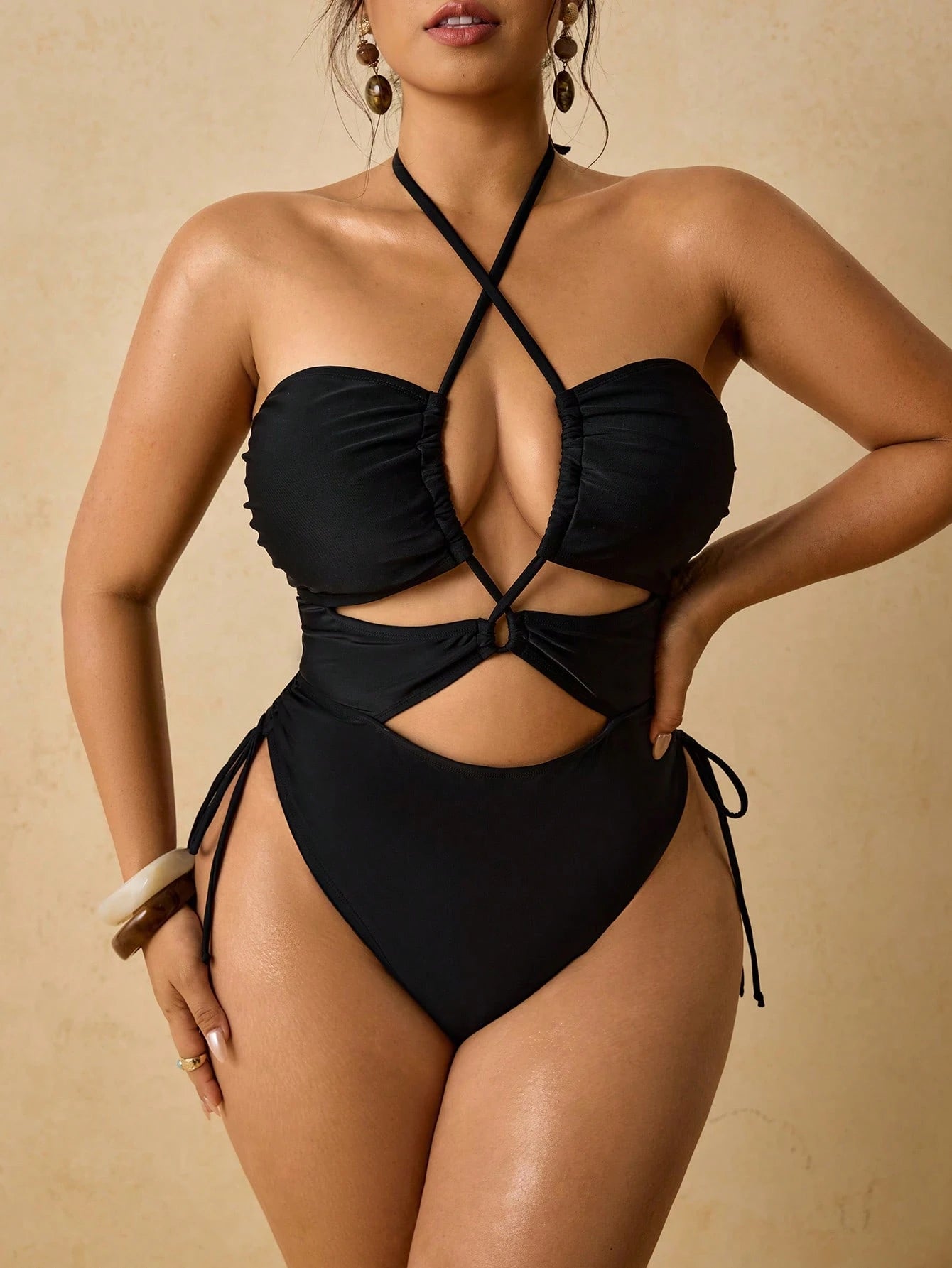 Travachic Women's Classy Black Criss Cross Halter Cutout One Piece Swimsuit,Side Tie High Cut Summer Beachwear Pool Party Bathing Suit