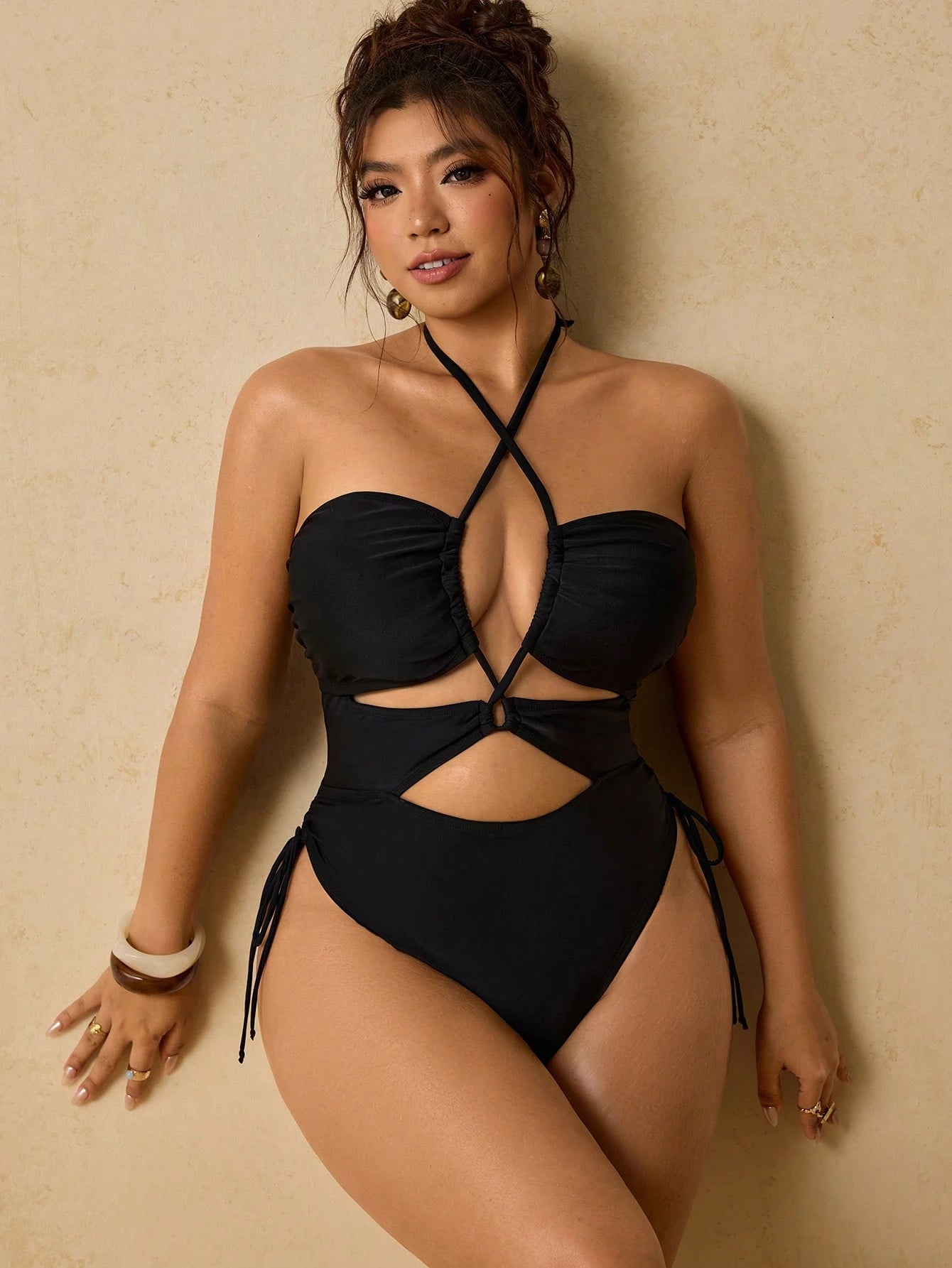 Travachic Women's Classy Black Criss Cross Halter Cutout One Piece Swimsuit,Side Tie High Cut Summer Beachwear Pool Party Bathing Suit