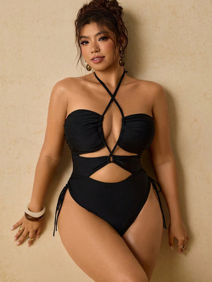 Travachic Women's Classy Black Criss Cross Halter Cutout One Piece Swimsuit,Side Tie High Cut Summer Beachwear Pool Party Bathing Suit