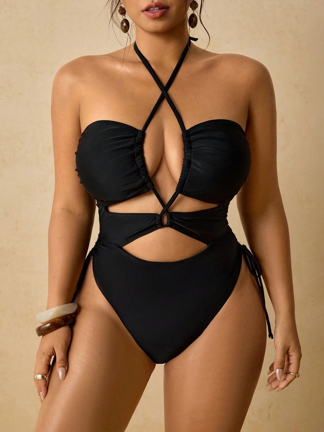 Travachic Women's Classy Black Criss Cross Halter Cutout One Piece Swimsuit,Side Tie High Cut Summer Beachwear Pool Party Bathing Suit