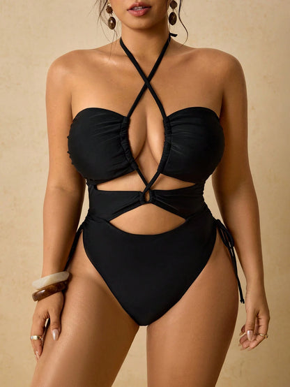 Travachic Women's Classy Black Criss Cross Halter Cutout One Piece Swimsuit,Side Tie High Cut Summer Beachwear Pool Party Bathing Suit
