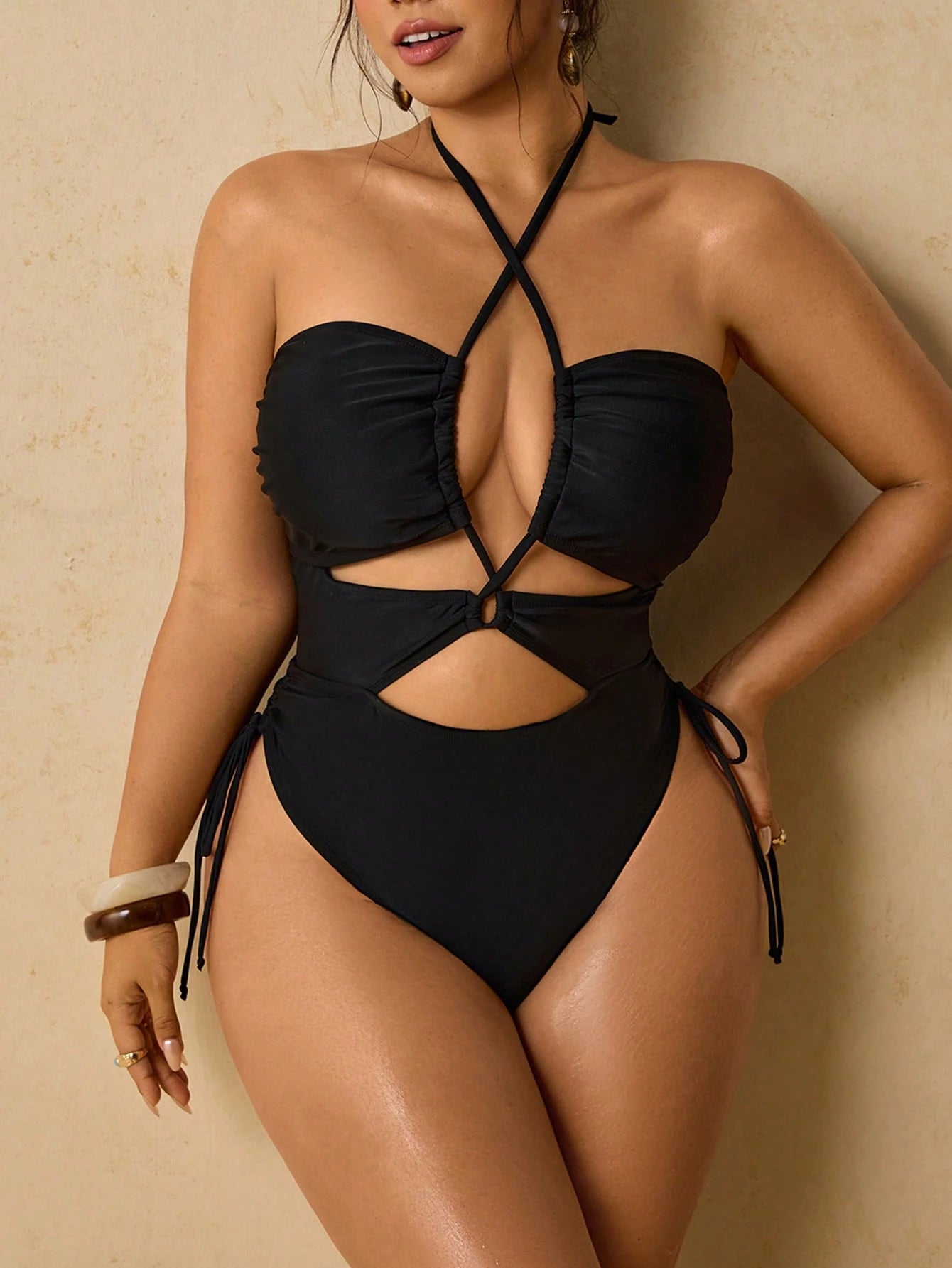 Travachic Women's Classy Black Criss Cross Halter Cutout One Piece Swimsuit,Side Tie High Cut Summer Beachwear Pool Party Bathing Suit