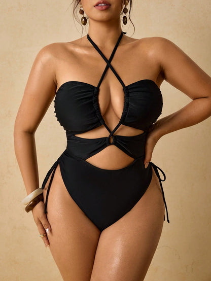 Travachic Women's Classy Black Criss Cross Halter Cutout One Piece Swimsuit,Side Tie High Cut Summer Beachwear Pool Party Bathing Suit