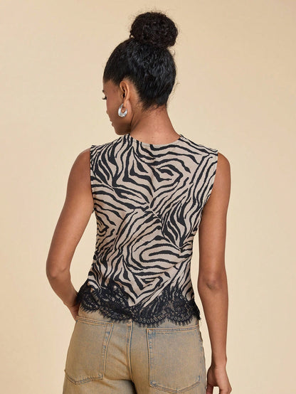 Travachic Women's Contrast Lace Deep V-Neck Zebra Print Elegant Tank Top Club Night Black And White Summer