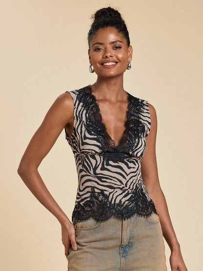 Travachic Women's Contrast Lace Deep V-Neck Zebra Print Elegant Tank Top Club Night Black And White Summer