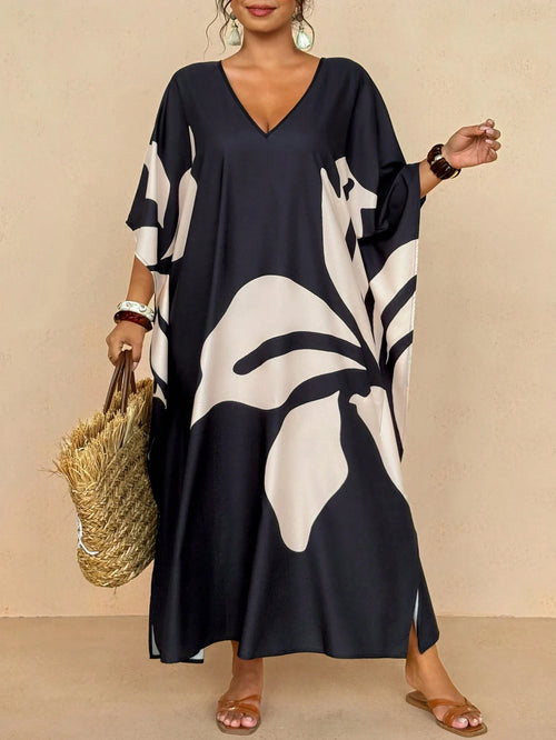 Travachic Women's Plus Size Resort Wear| Black And White Large Leaf Print V-Neck Kaftan Dress- Loose Batwing Sleeve Maxi Beach Cover Up Boho Maxi Dress