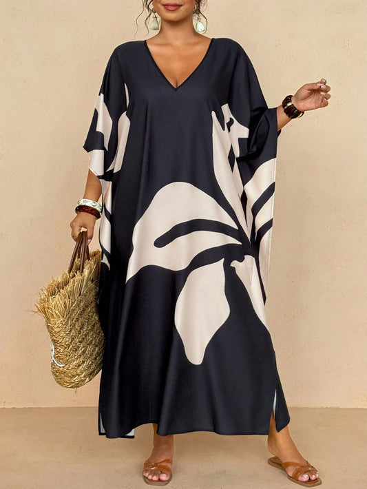 Travachic Women's Plus Size Resort Wear| Black And White Large Leaf Print V-Neck Kaftan Dress- Loose Batwing Sleeve Maxi Beach Cover Up Boho Maxi Dress