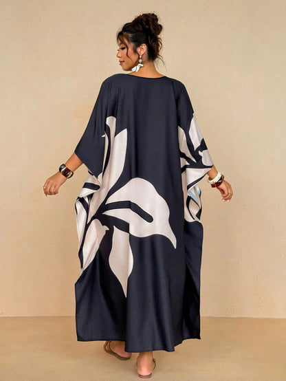 Travachic Women's Plus Size Resort Wear| Black And White Large Leaf Print V-Neck Kaftan Dress- Loose Batwing Sleeve Maxi Beach Cover Up Boho Maxi Dress
