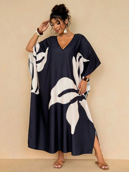 Travachic Women's Plus Size Resort Wear| Black And White Large Leaf Print V-Neck Kaftan Dress- Loose Batwing Sleeve Maxi Beach Cover Up Boho Maxi Dress