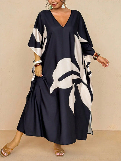Travachic Women's Plus Size Resort Wear| Black And White Large Leaf Print V-Neck Kaftan Dress- Loose Batwing Sleeve Maxi Beach Cover Up Boho Maxi Dress