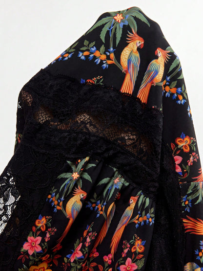Travachic Women's Vacation Palm Tree Print Contrast Lace Short Puff Sleeve Elegant Tropical Dress Vacation Black Summer