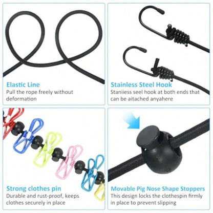 Travel Clothesline With Two Magnetic Hooks For Cruise Ship Essentials, Clothes Line 12 Clothes Clips For Cruise Must Haves Essentials 2026, Portable Clothesline For Camper Essentials Car Accessories