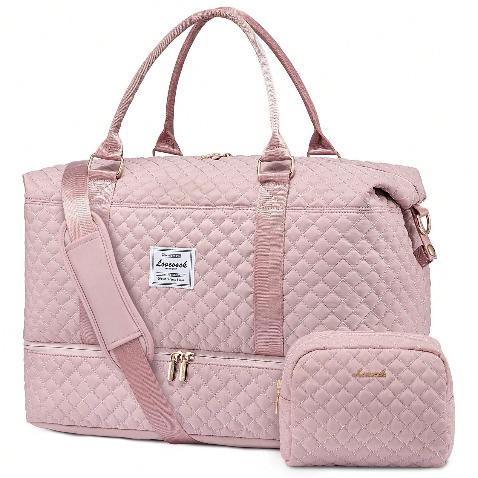 Travel Duffle Bag,Weekender Bags For Women With Shoe Compartment,Carry On Overnight Bag With Toiletry Bag,Gym Duffel Bag With Wet Pocket (Pink)