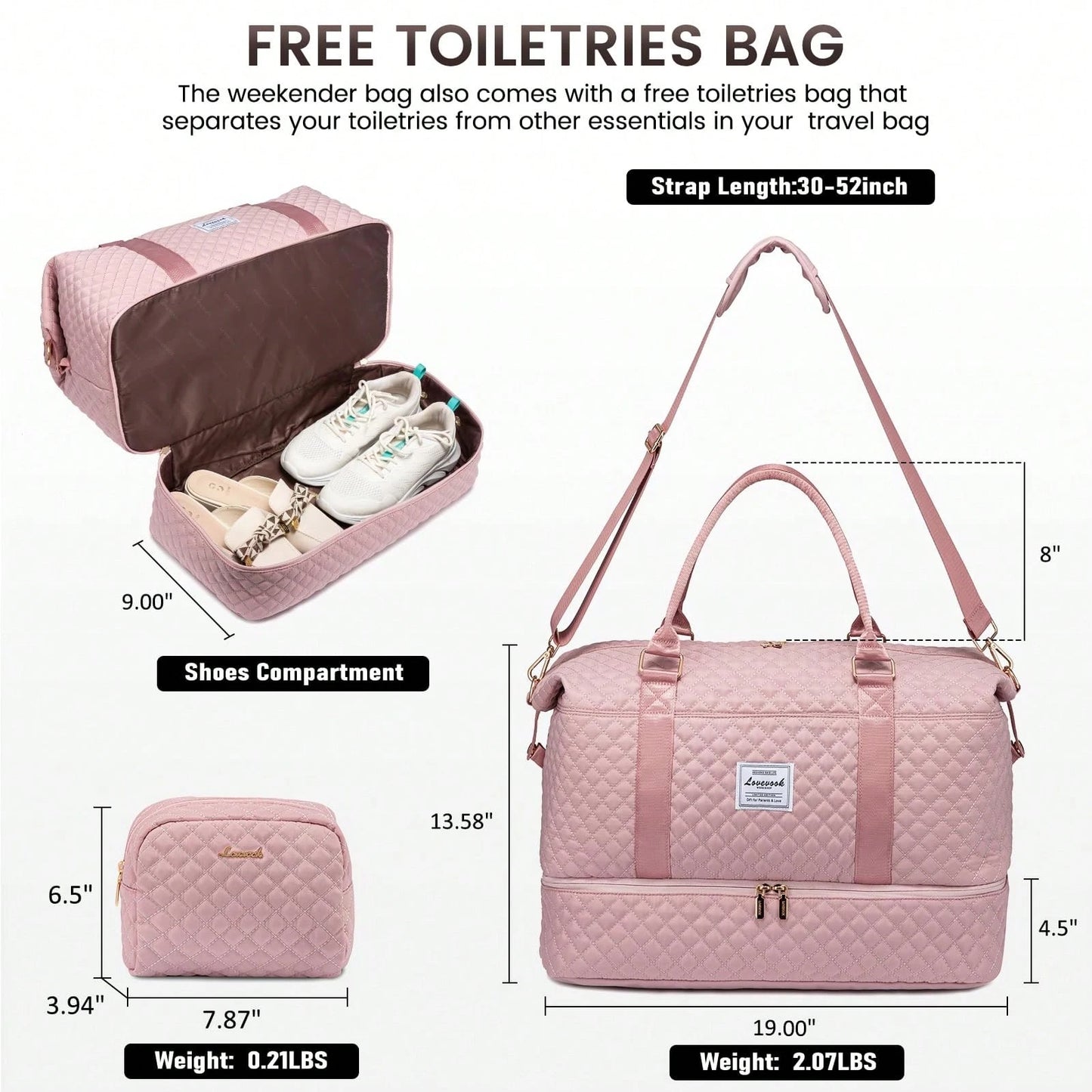 Travel Duffle Bag,Weekender Bags For Women With Shoe Compartment,Carry On Overnight Bag With Toiletry Bag,Gym Duffel Bag With Wet Pocket (Pink)