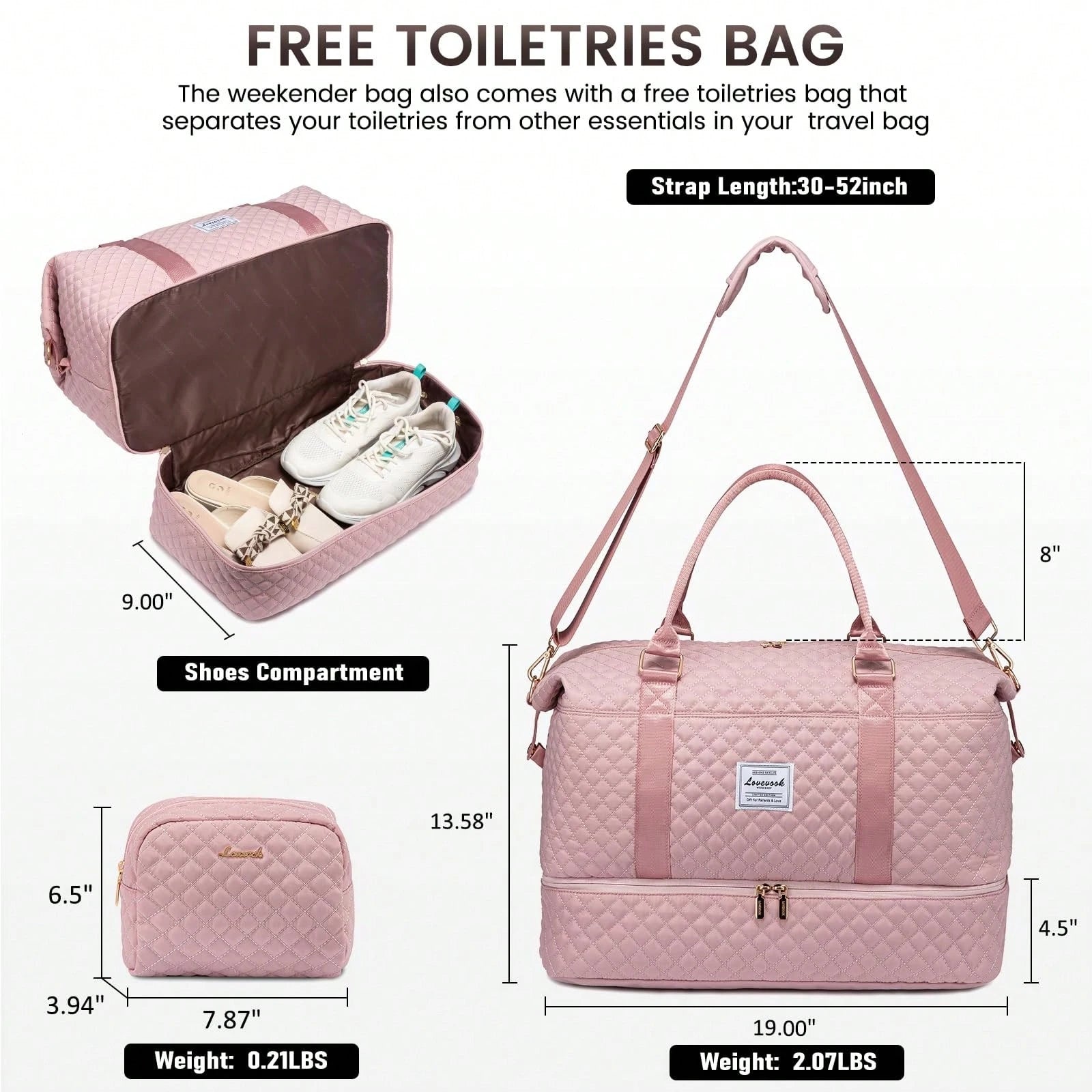 Travel Duffle Bag,Weekender Bags For Women With Shoe Compartment,Carry On Overnight Bag With Toiletry Bag,Gym Duffel Bag With Wet Pocket (Pink)
