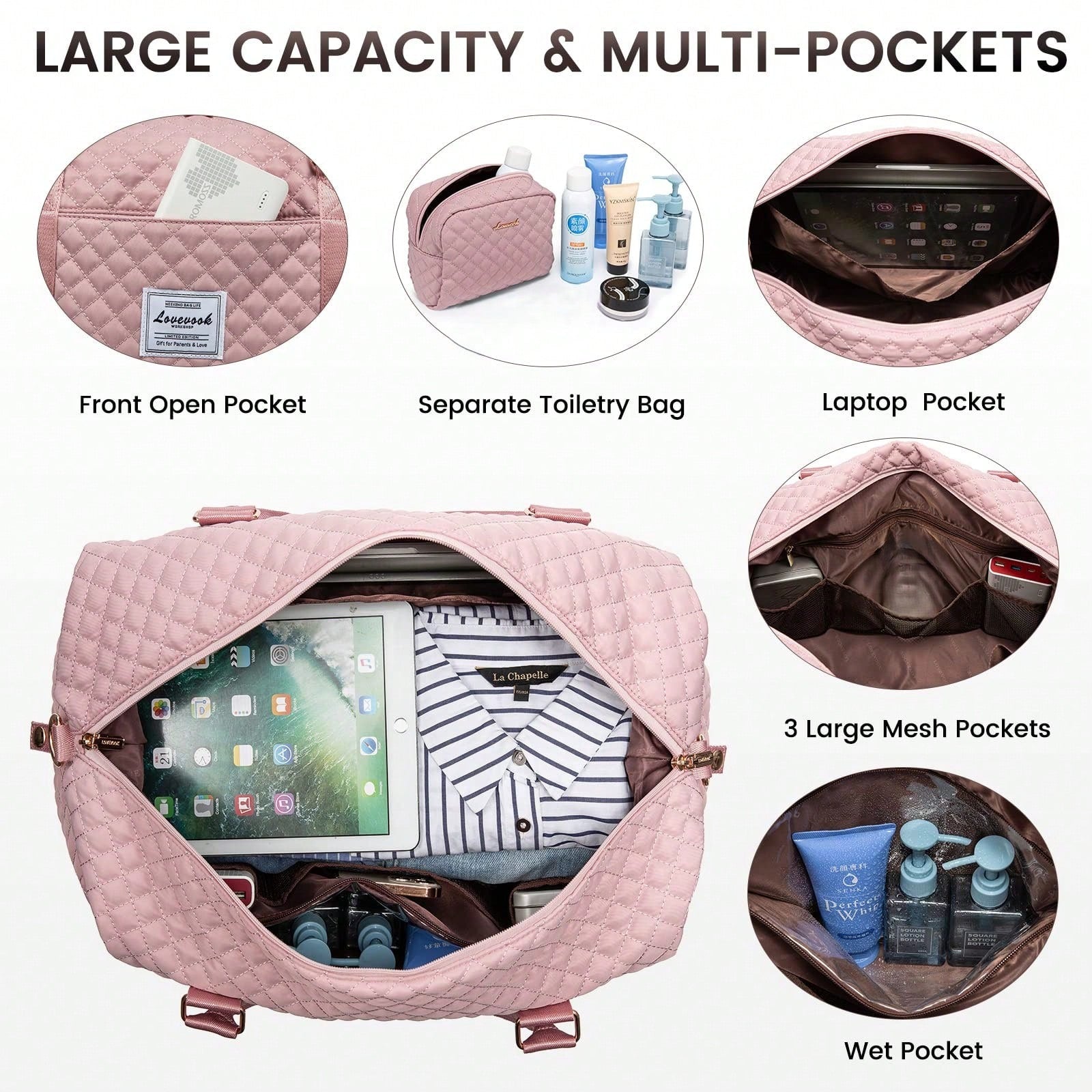 Travel Duffle Bag,Weekender Bags For Women With Shoe Compartment,Carry On Overnight Bag With Toiletry Bag,Gym Duffel Bag With Wet Pocket (Pink)